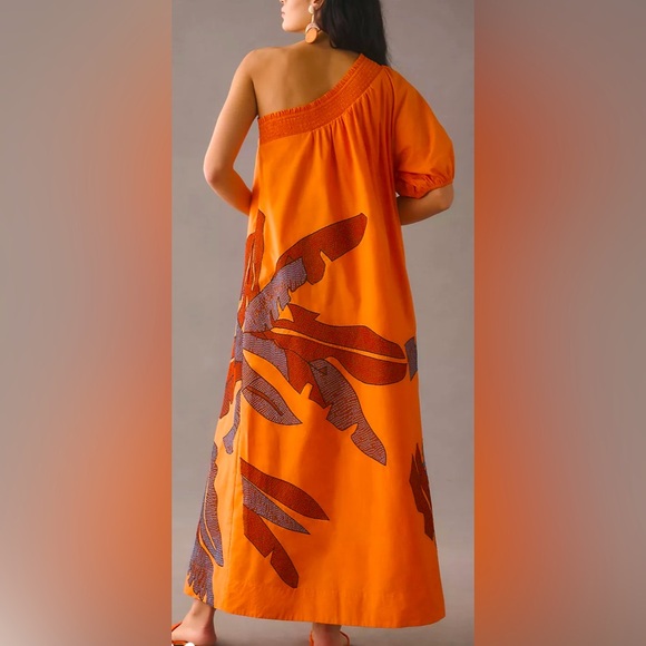 Anthropology One-Shoulder Embroidered Maxi Dress 2 pockets. 100% cotton Orange L - Picture 3 of 13